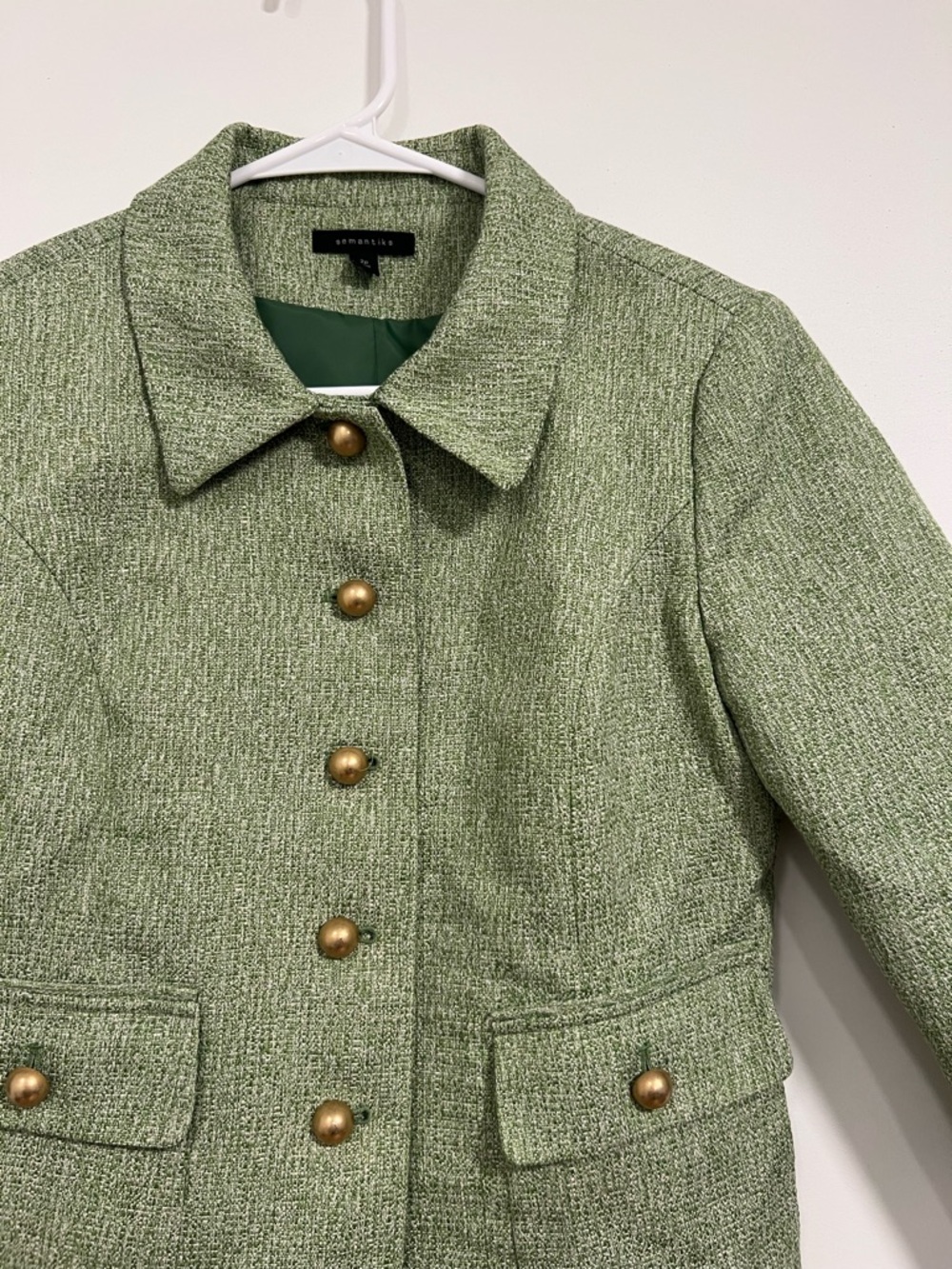 Semantiks Green Tweed Button-Front Jacket with Gold Buttons